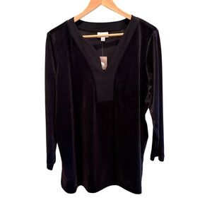 Pure Jill Womens XLP Black Velour Long Sleeve Tunic Split V Neck Side Slits